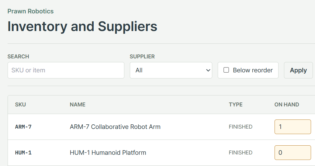 Prawn Robotics inventory and suppliers screen